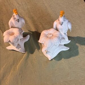 Elegant Vintage White Cockatoo Candle Holder & Covered Flower.